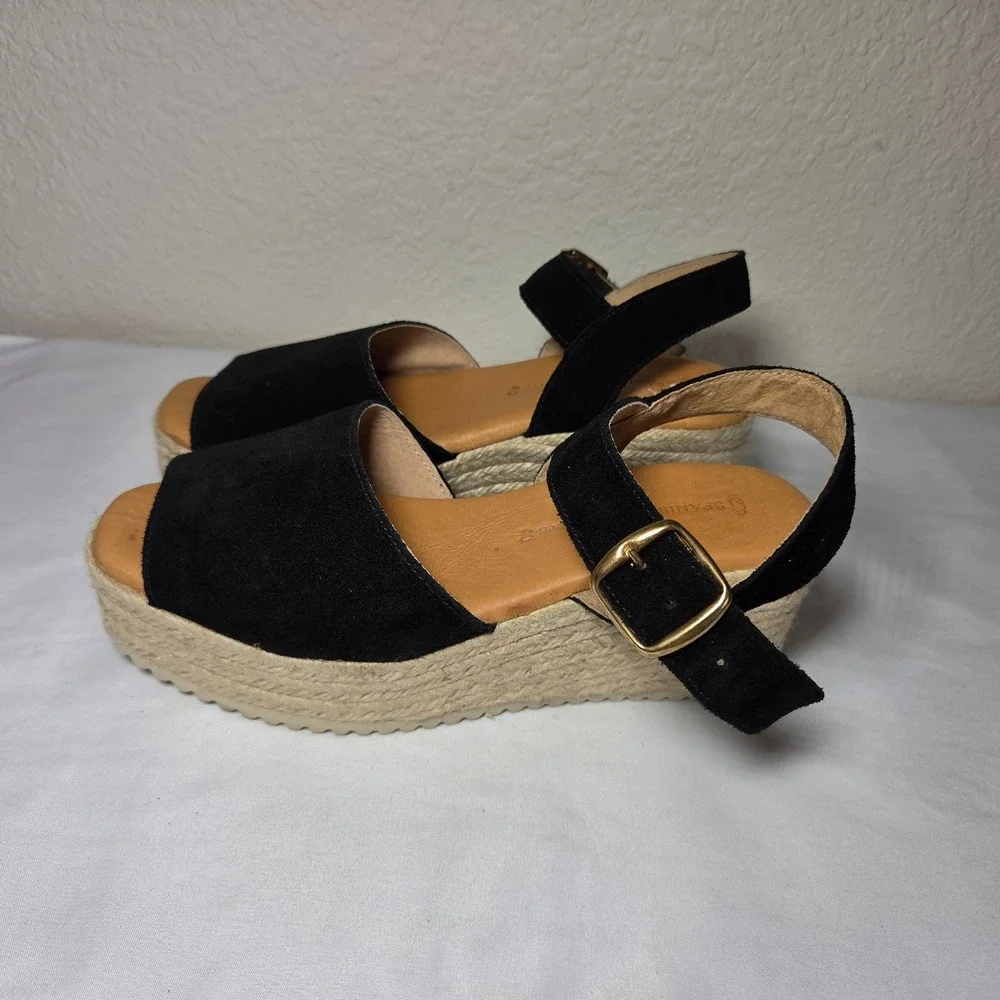 Spanish Sandal Co Black Suede Espadrille Platform Wedge Sandals Womens 40 Spain